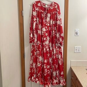 Johanna Ortiz x H&M voluminous maxi dress in red and white satiny floral, size L